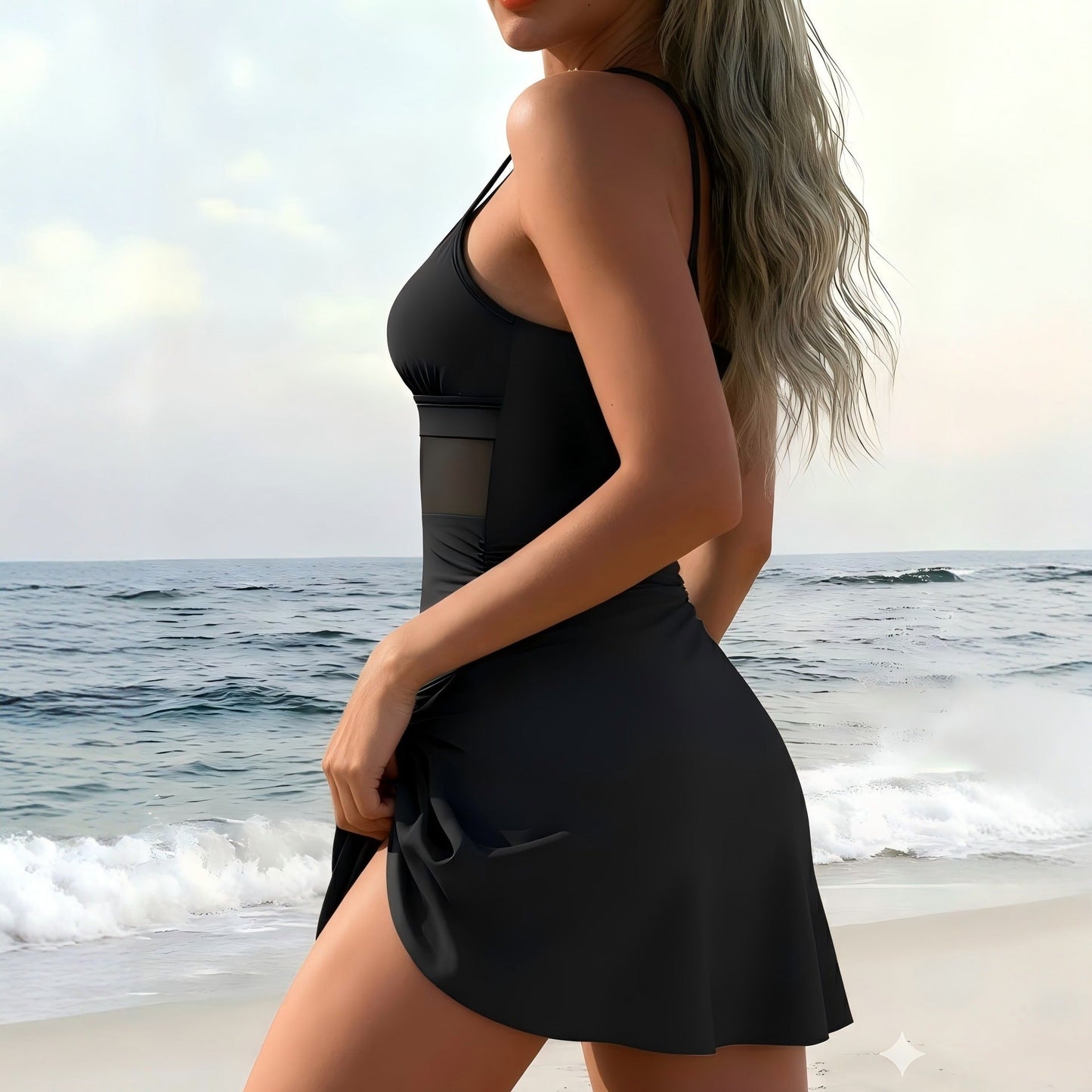 Slim Fit Mesh Panel Beach Dress Style One-Piece Swimsuit for Women