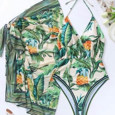 Triangle Sexy One Piece Tropical Print Swimsuit Women's Two Piece Set