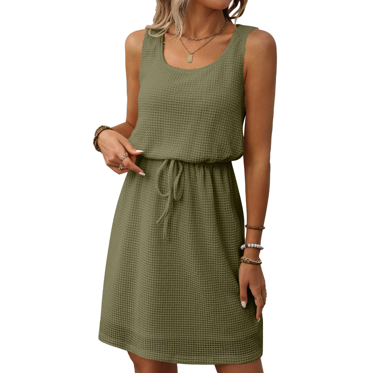 Summer New Square Neck Drawstring Sleeveless Vest Dress with Lining