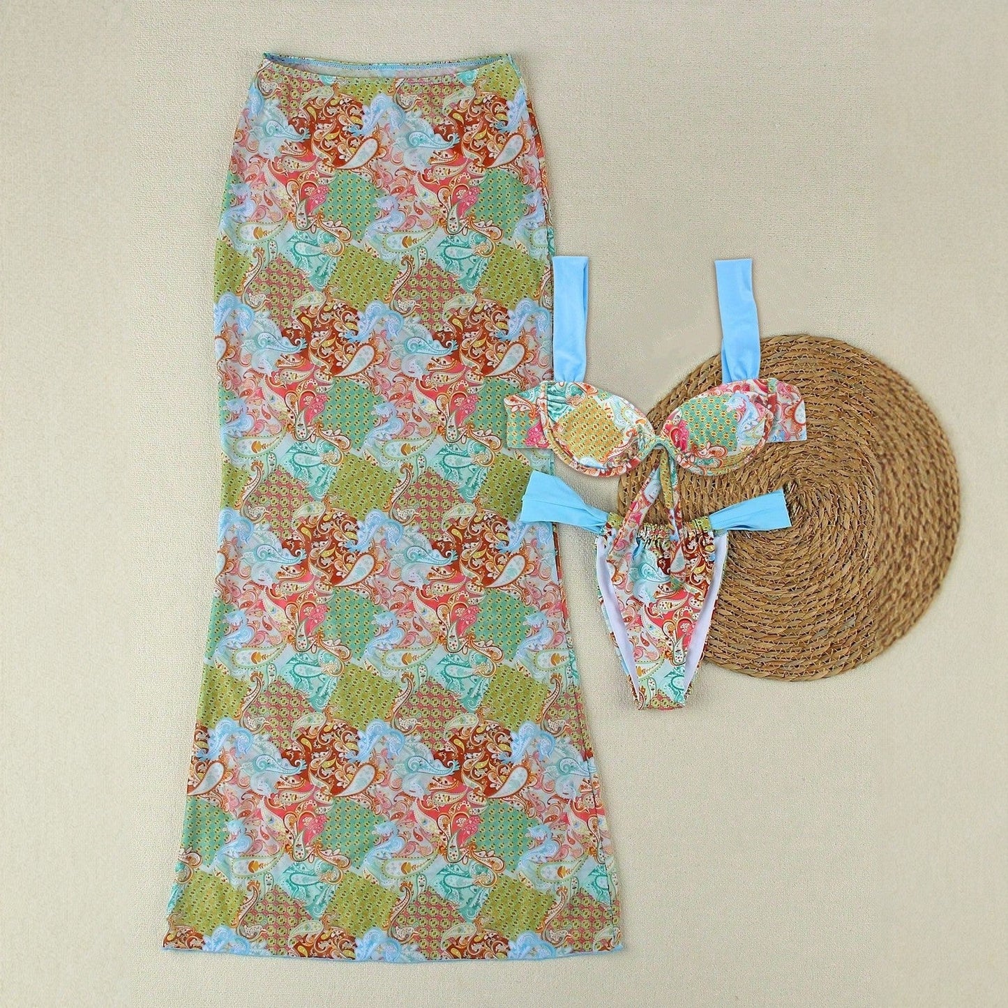Spring Sexy Hot Girl Color Block Print Strappy Top High Waist Skirt Three Piece Set