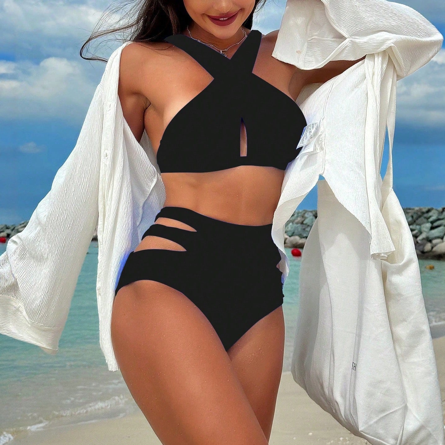 Bikini Two Piece Set Sexy Backless Cross Strap Solid Color Swimsuit Women