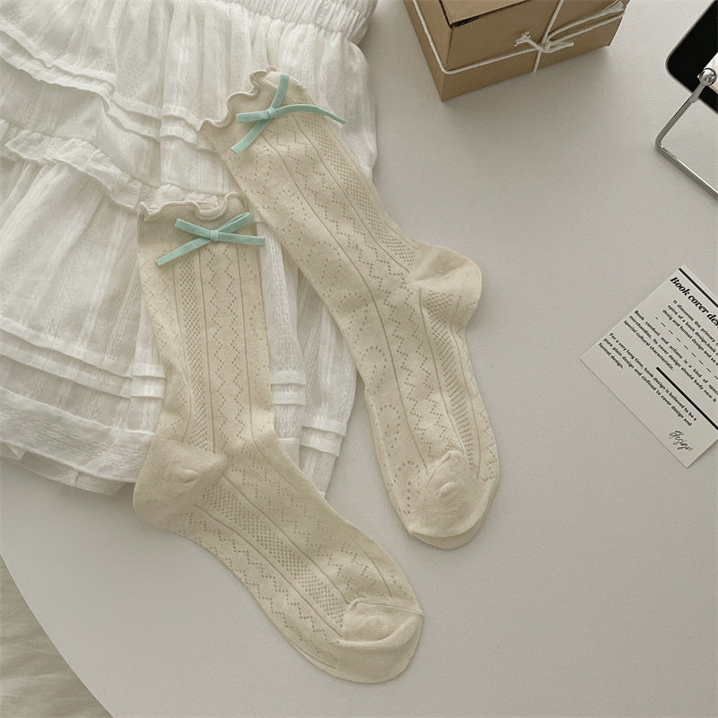 Thin Mesh Bow Mid-Calf Socks