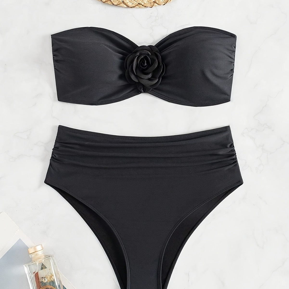 Women's Black Floral Two Piece Swimsuit Sexy High Waist Bikini Set