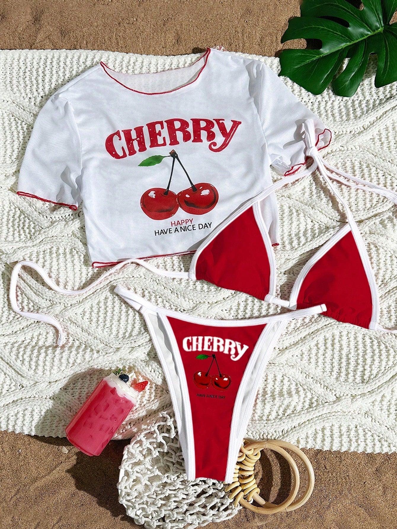 Women's Short Sleeve Slim Fit Two-Piece Swimsuit with Positioning Print Sexy Bikini Three-Piece Set