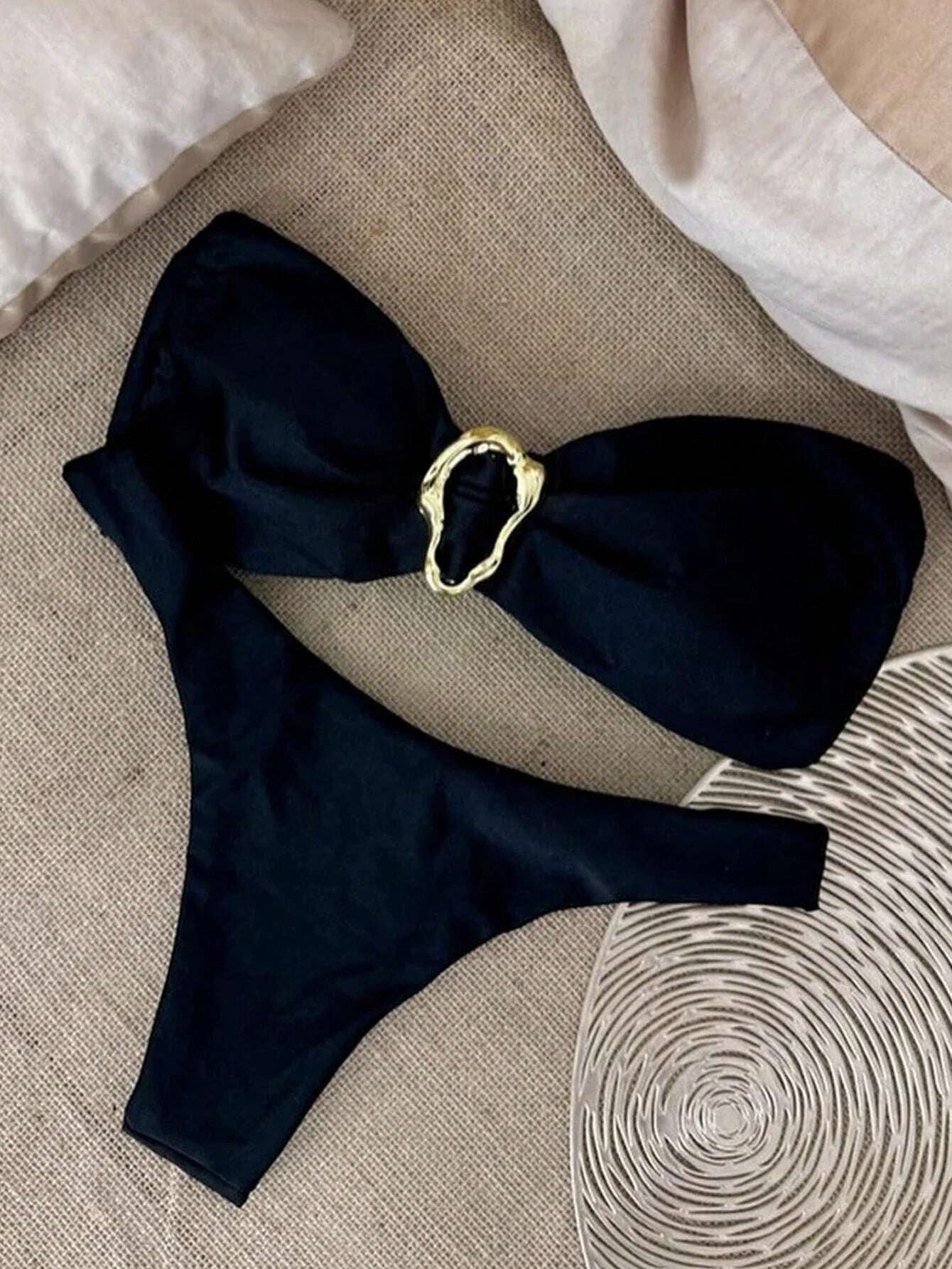 Black Bandeau Bikini Sexy Bowknot Strappy Two Piece Swimsuit Women's Hot Sale