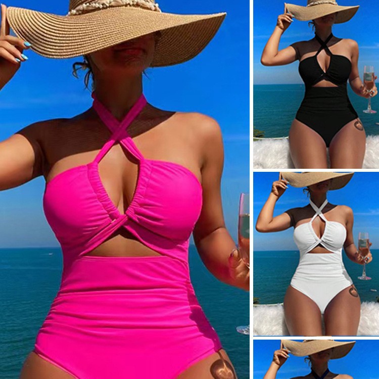 High Waist Solid Color One Piece Sexy Backless Halter Swimsuit for Women