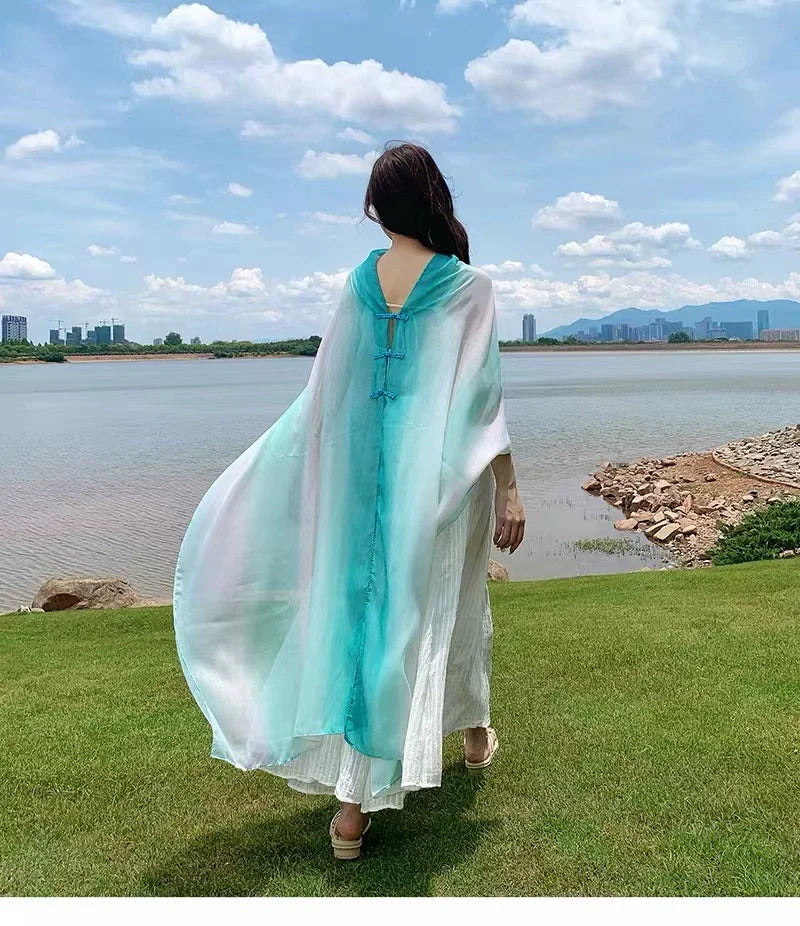 Travel Summer Gradient Shawl – Lightweight Cotton Blend, Buckle Detail