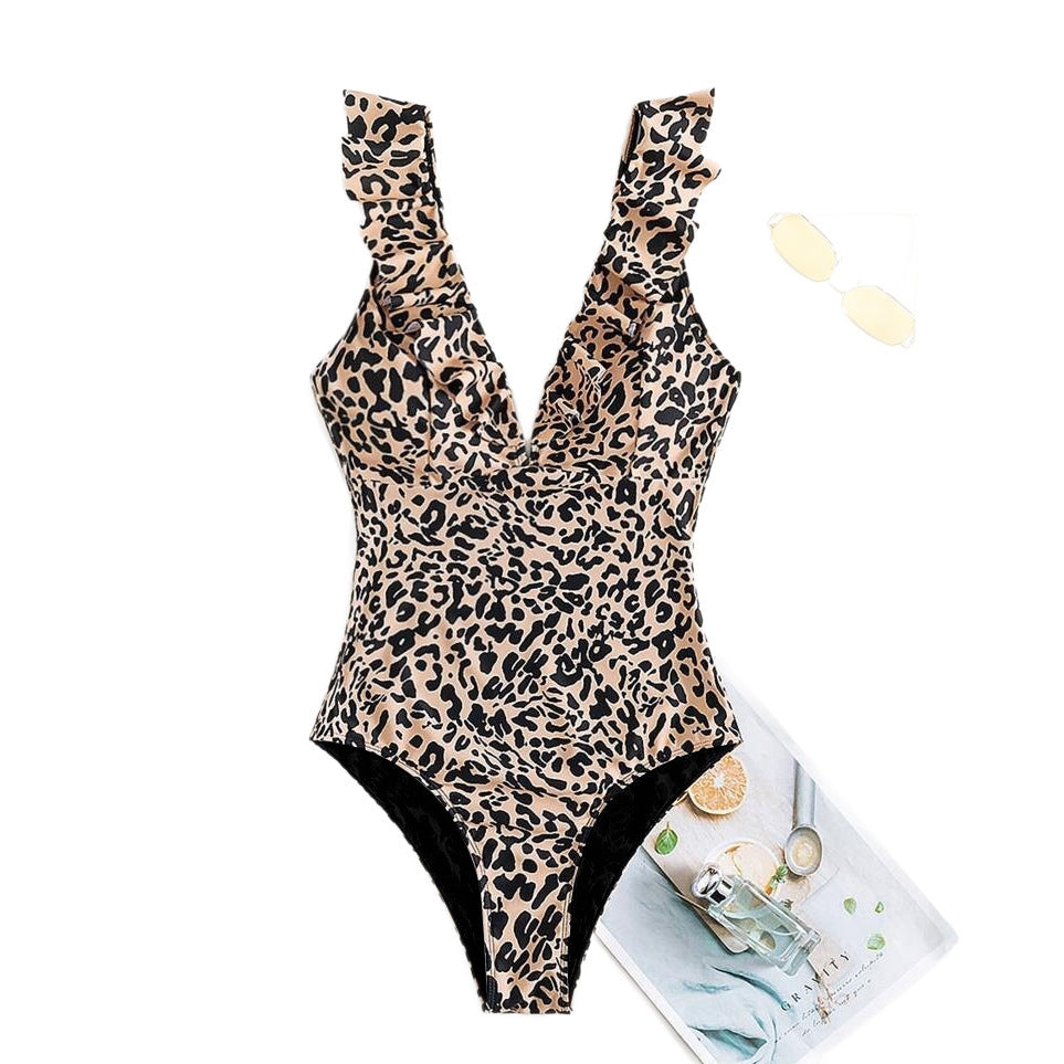 Leopard Print Tummy Control Slimming One Piece Swimsuit for Women with Ruffled Trim Beach
