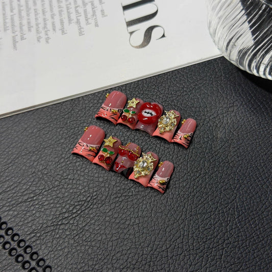 Original Sweet Cool Duck Beak Crimson Lips Cherry Handmade Press on Nails Wholesale
