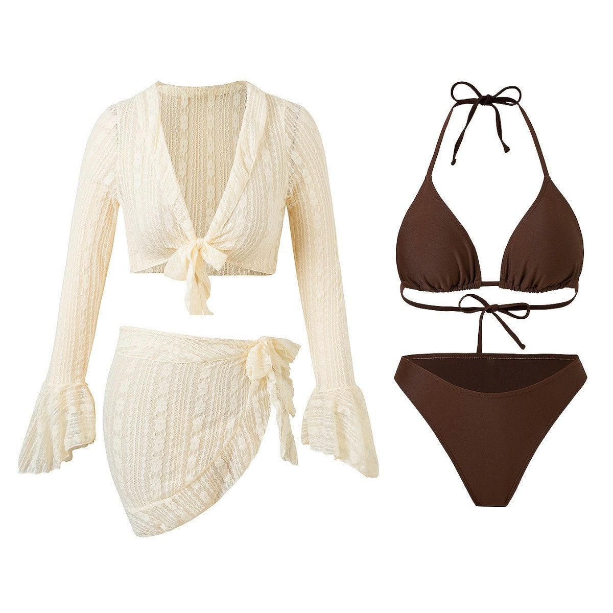 Long Sleeve Cover Up Triangle Apron Four Piece Bikini Lace Swimsuit Women's Swimwear Set