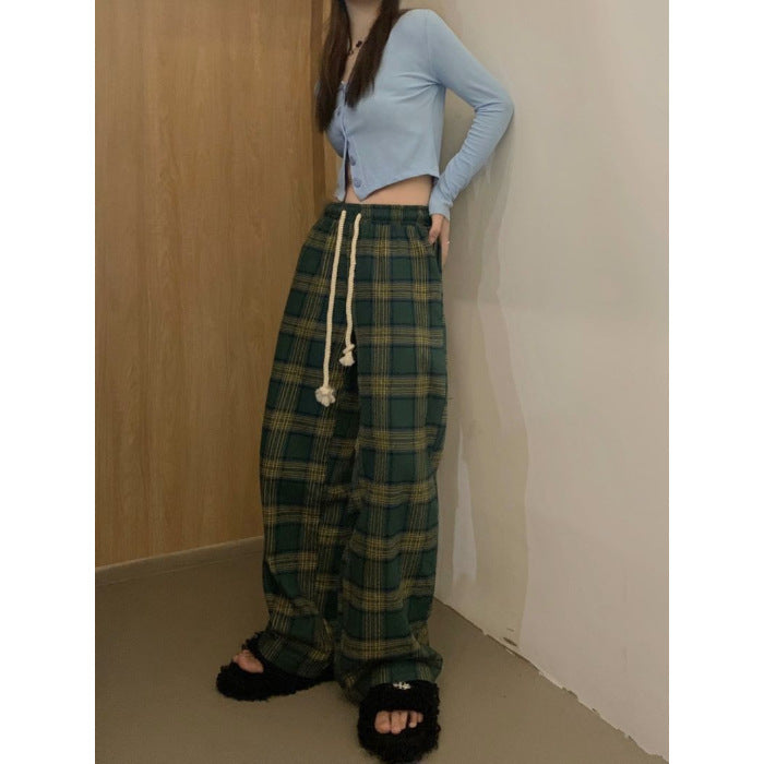 Women's Mop Drawstring Plaid Casual Pants