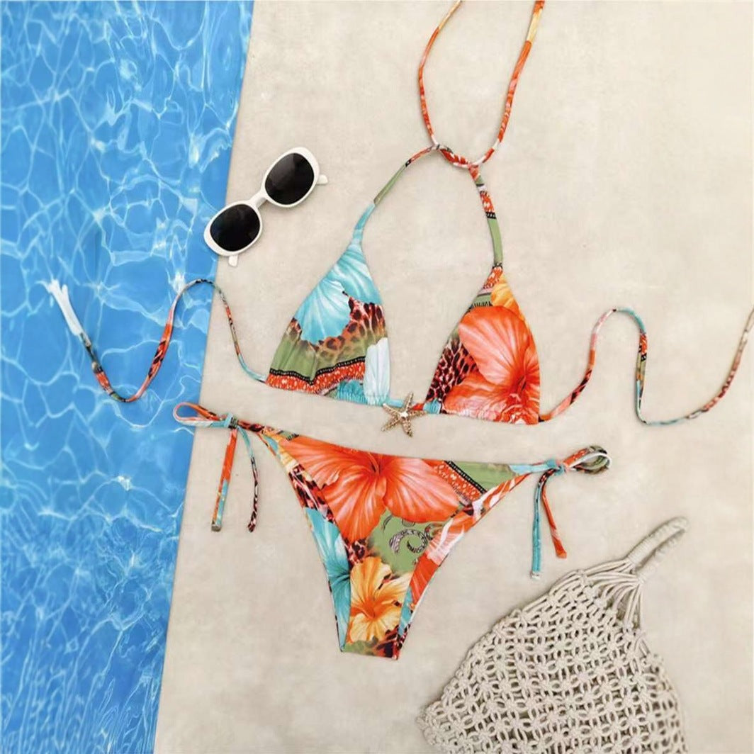 Lace-up Printed Bikini High-end Two-piece Swimsuit Set for Women