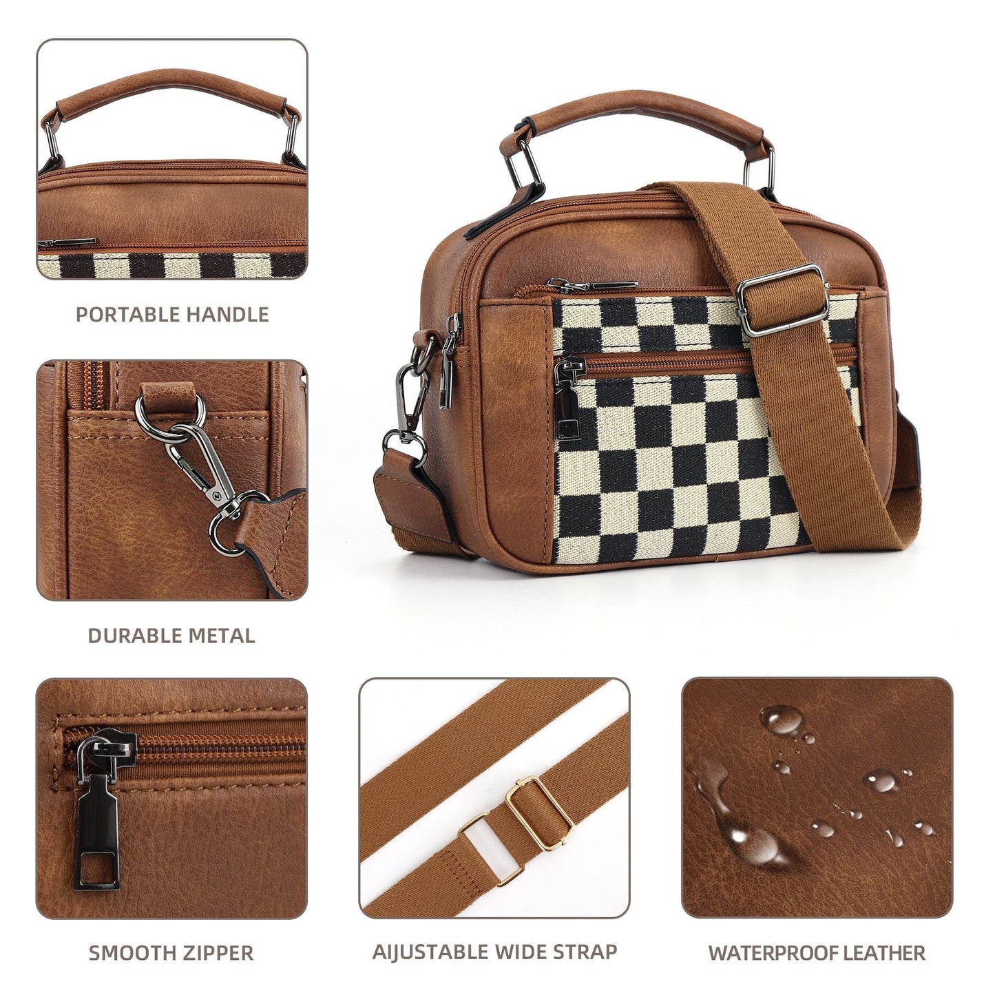 Chessboard double zipper small crossbody bag,Tote small crossbodyPU square bag, Small Crossbody Purse for Women Triple Zip,