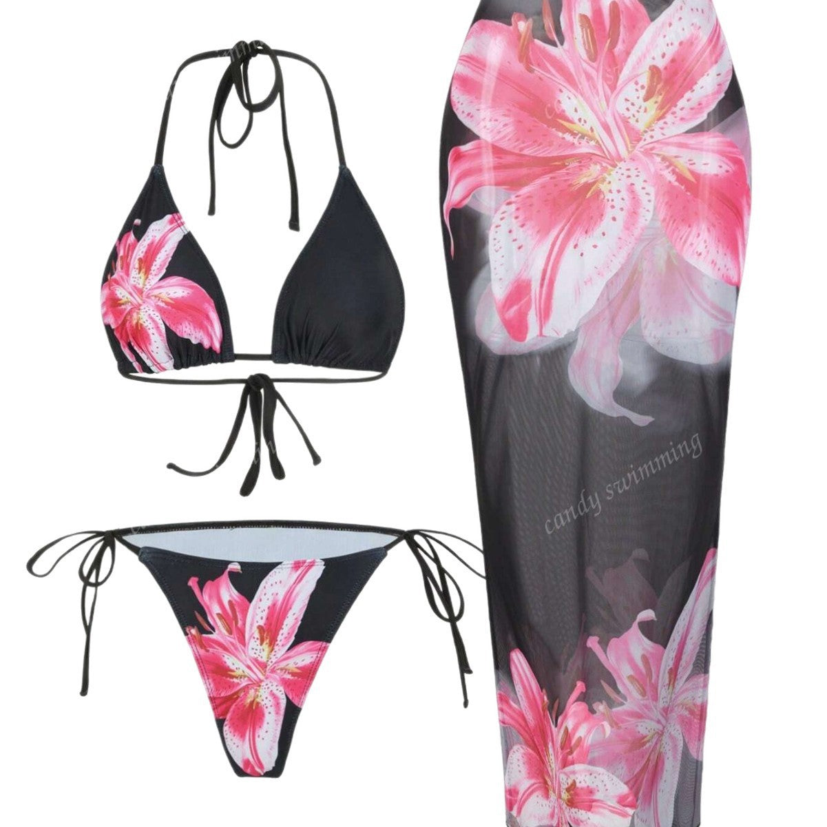 Apron Three Piece Bikini Vintage Print Long Skirt Swimsuit Women's Swimwear