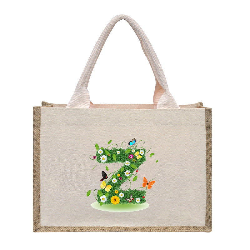 Cotton and linen canvas tote bag, printed letter tote bag, portable light handbag, gift shopping bag