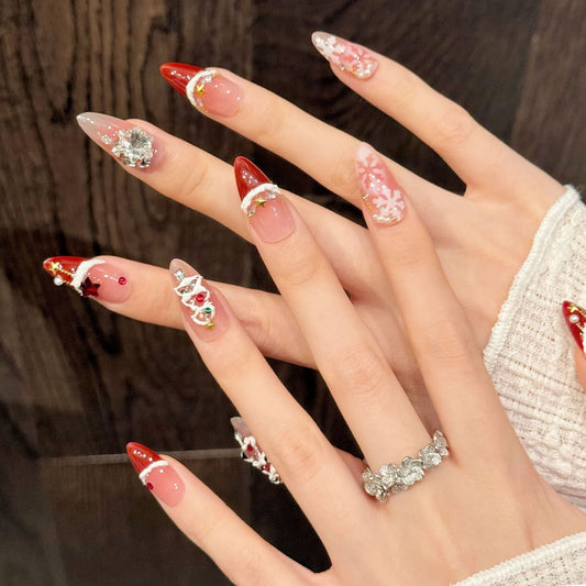 Red Velvet Snowflake Christmas Blush French Nail Art Handmade Nail Art