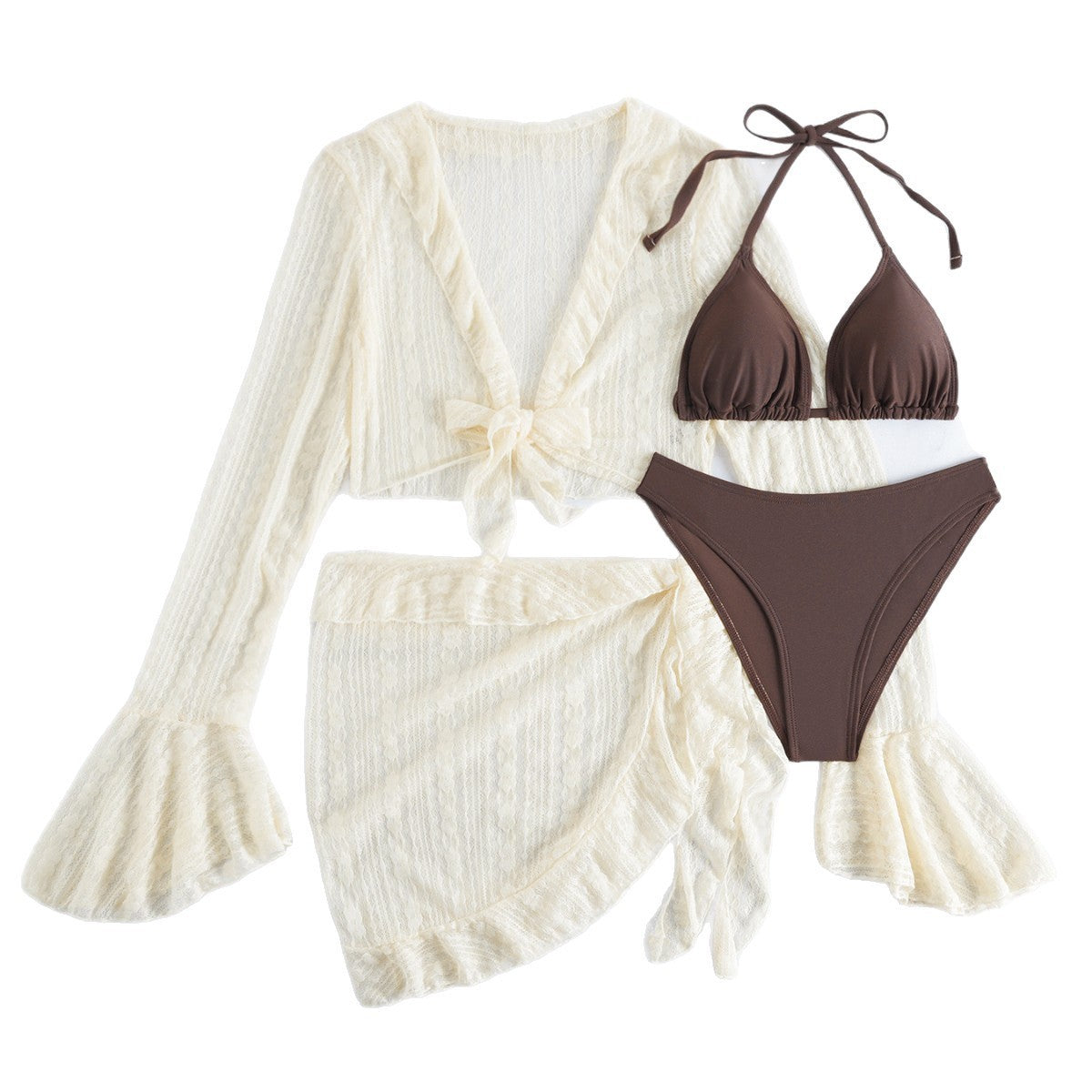 Long Sleeve Cover Up Triangle Apron Four Piece Bikini Lace Swimsuit Women's Swimwear Set