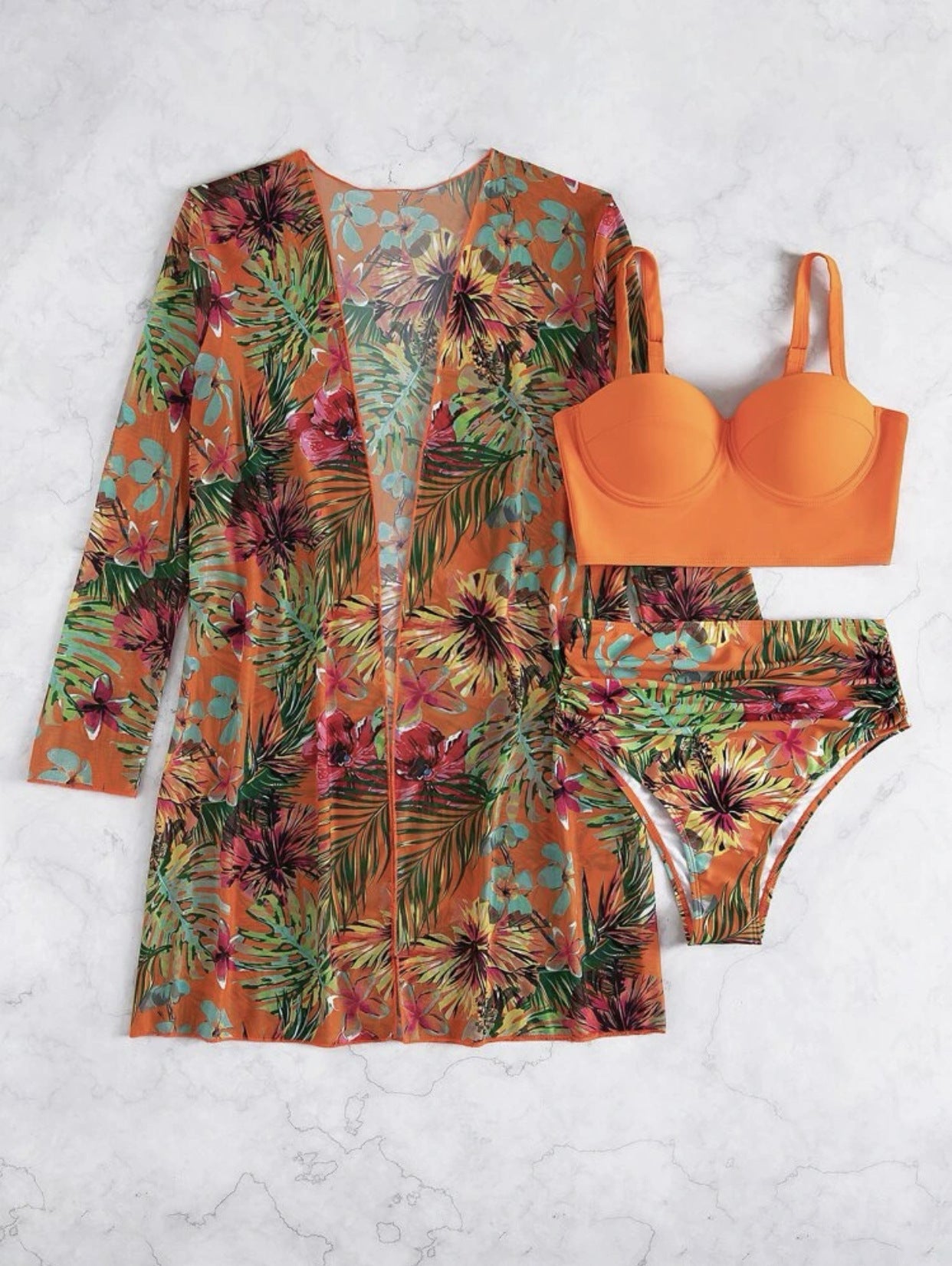 Sexy Mesh Bikini Three Piece Set Push Up Split Printed Swimsuit for Women