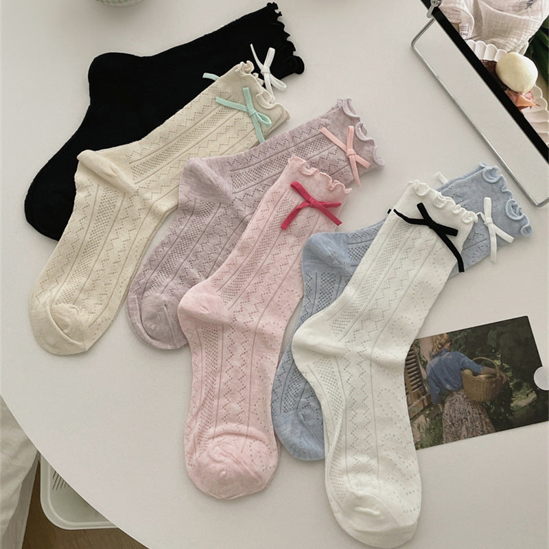 Thin Mesh Bow Mid-Calf Socks
