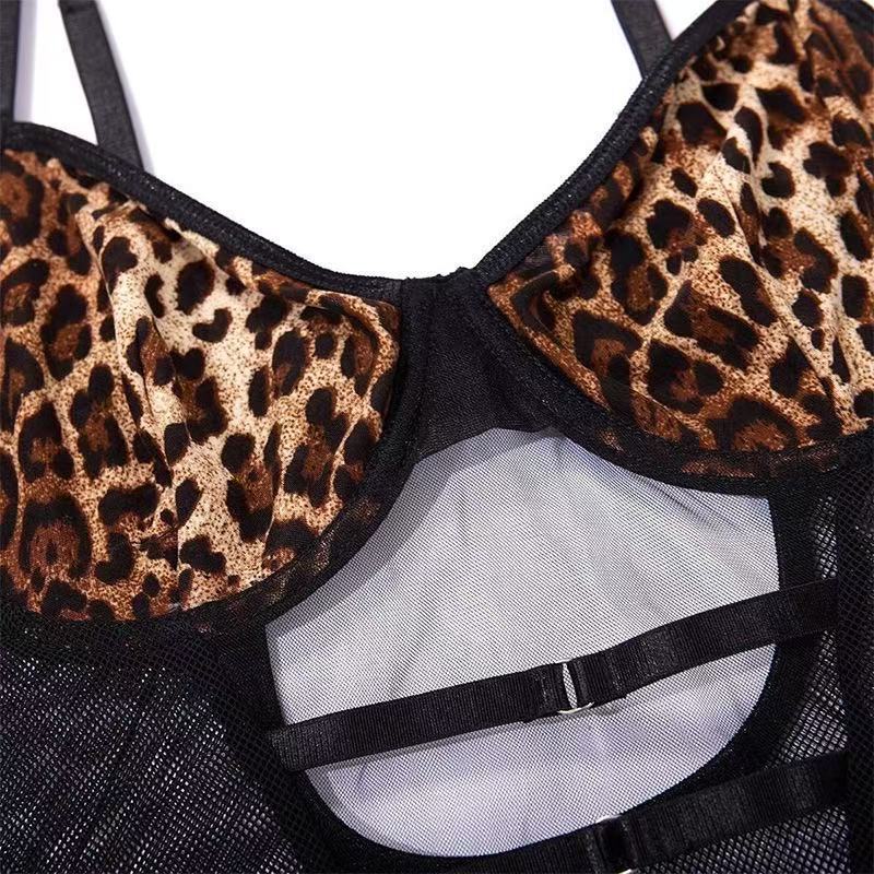 Wholesale Sexy Women's Leopard Print Sheer Lingerie Spaghetti Strap Bodysuit