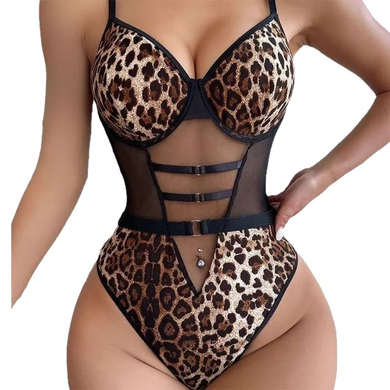 Wholesale Sexy Women's Leopard Print Sheer Lingerie Spaghetti Strap Bodysuit