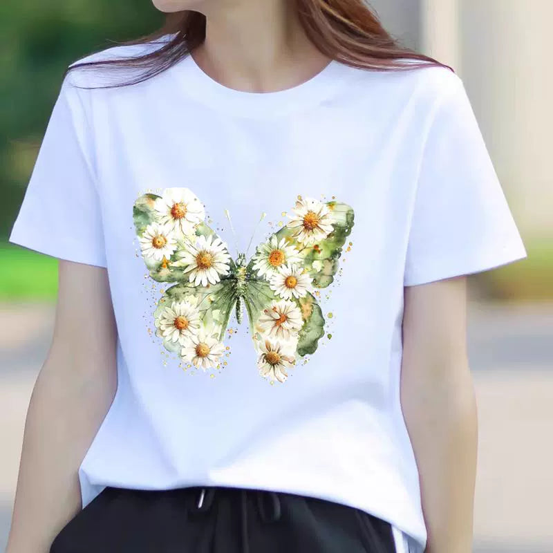 Women's Butterfly Floral Print Short Sleeve T-Shirt