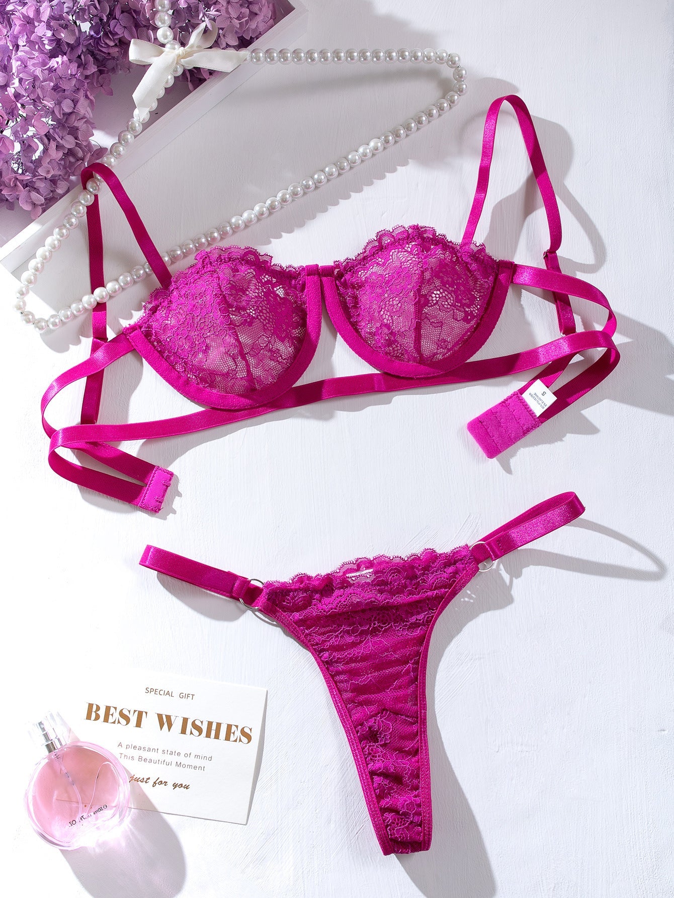 INS Internet Celebrity Lace Embroidery Mesh See through Sexy Lingerie 2 piece Set