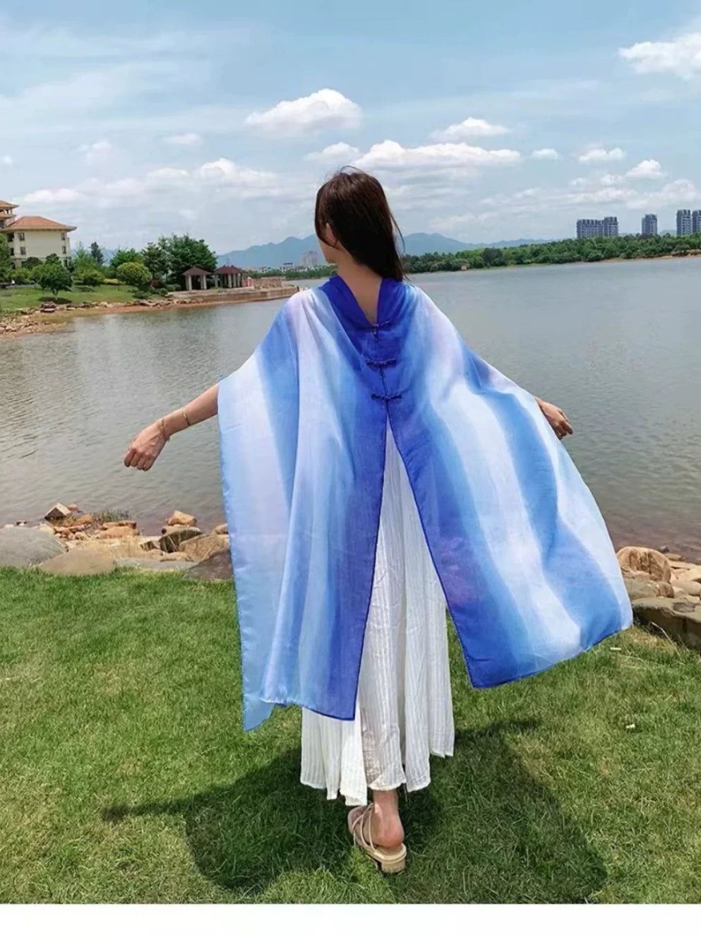 Travel Summer Gradient Shawl – Lightweight Cotton Blend, Buckle Detail