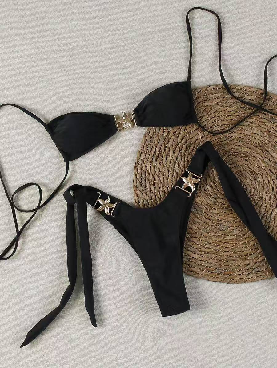 Popular Solid Color Bikini Two-Piece Swimsuit with Tie Back Sexy Design and Accessories High-End