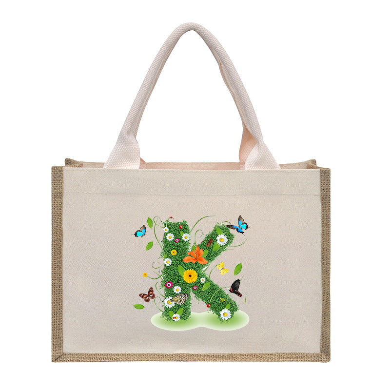Cotton and linen canvas tote bag, printed letter tote bag, portable light handbag, gift shopping bag
