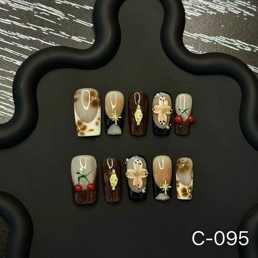 Handmade Press on Nails Autumn Brown Naked Contrast Gold Cherry Blossom Diamond Retro Light Luxury