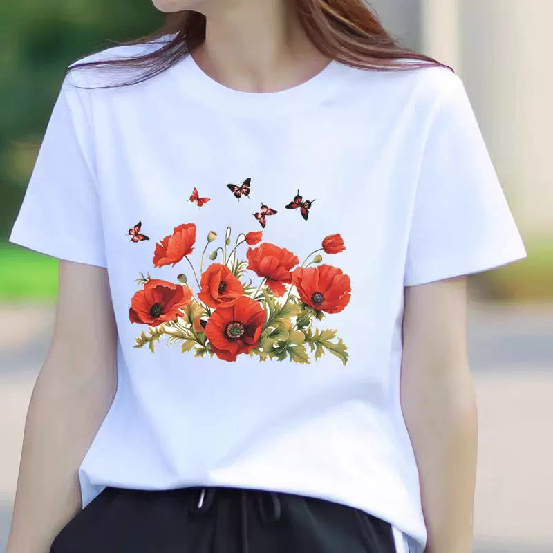 Women's Butterfly Floral Print Short Sleeve T-Shirt