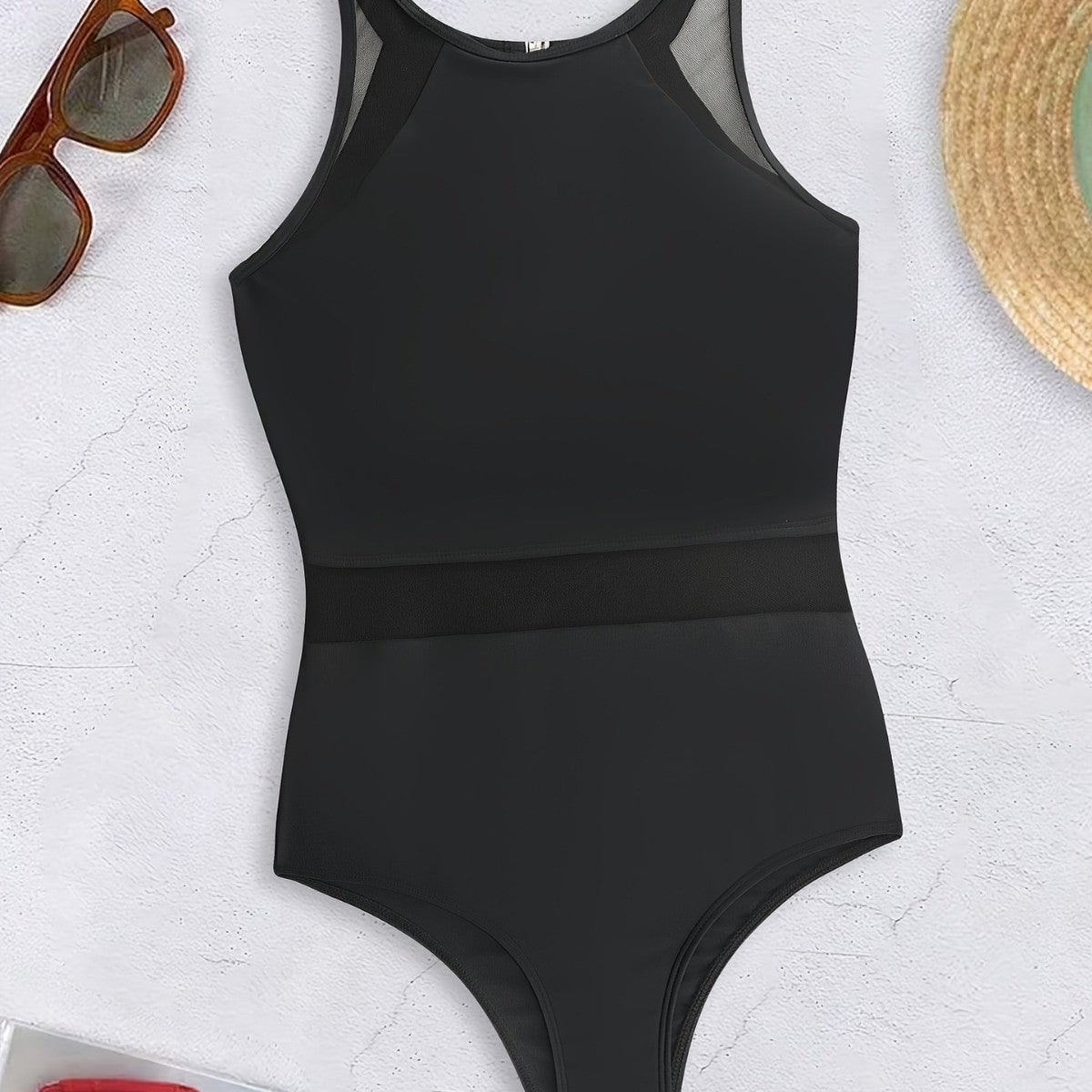 Women's Black Mesh Triangle Backless One-Piece Swimsuit