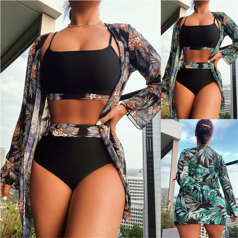 Maple Leaf Print Long Sleeve Patchwork Bikini Three Piece Separate Swimsuit for Women