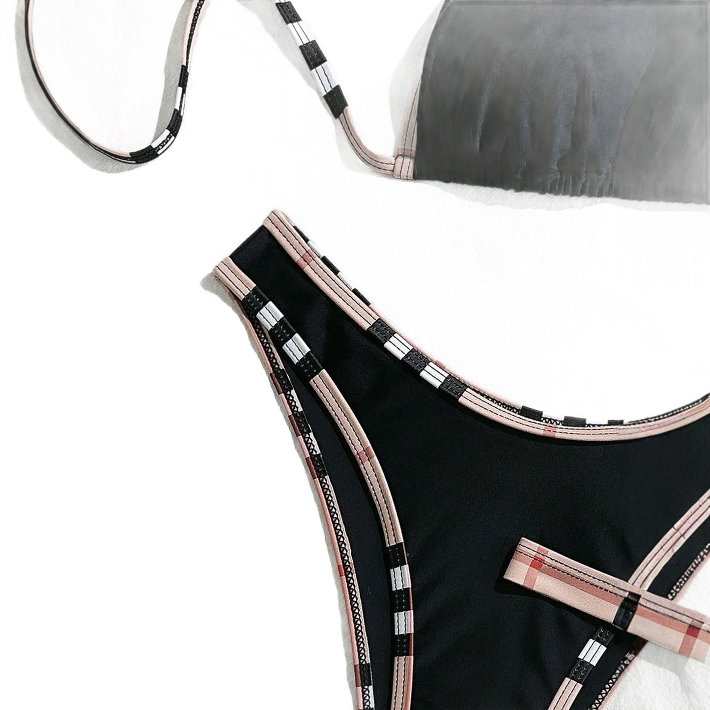 Plaid Trim Black Bikini Three Piece Swimsuit Separate Set Bikini Swimsuit Three Piece