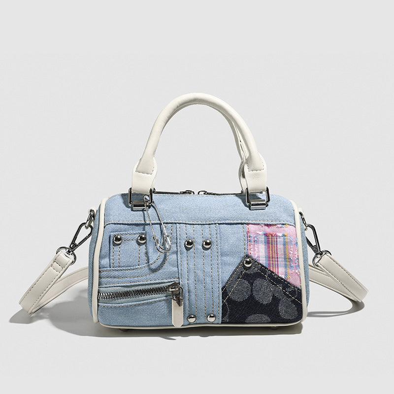 Boston bag women, design splicing pink small tote purse, girl versatile fashion handbag