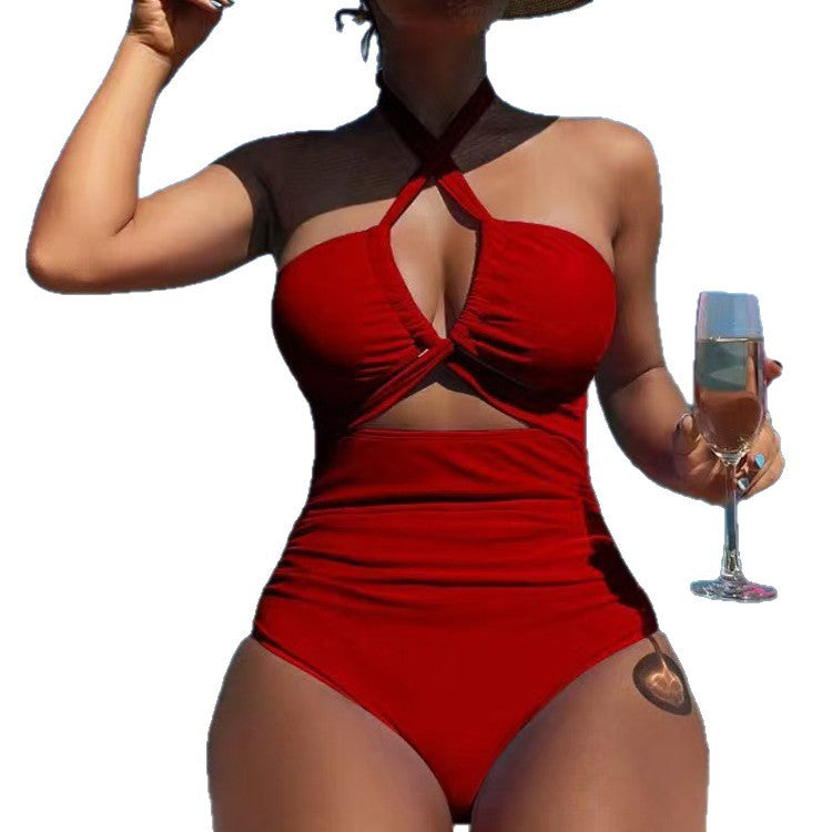 High Waist Solid Color One Piece Sexy Backless Halter Swimsuit for Women
