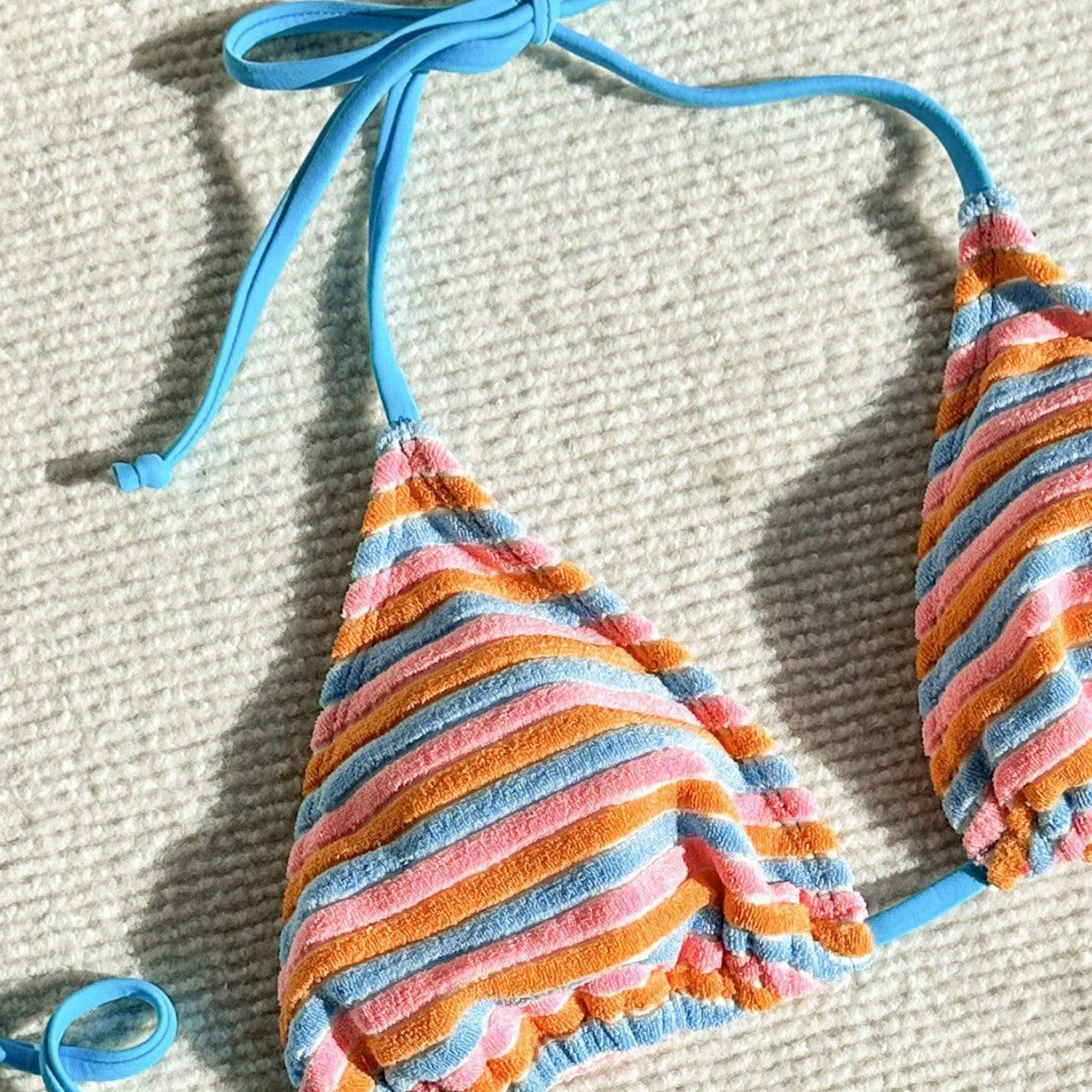 Women's Jacquard Striped Colorful Tie Side Separate Three Piece Bikini Swimsuit Set