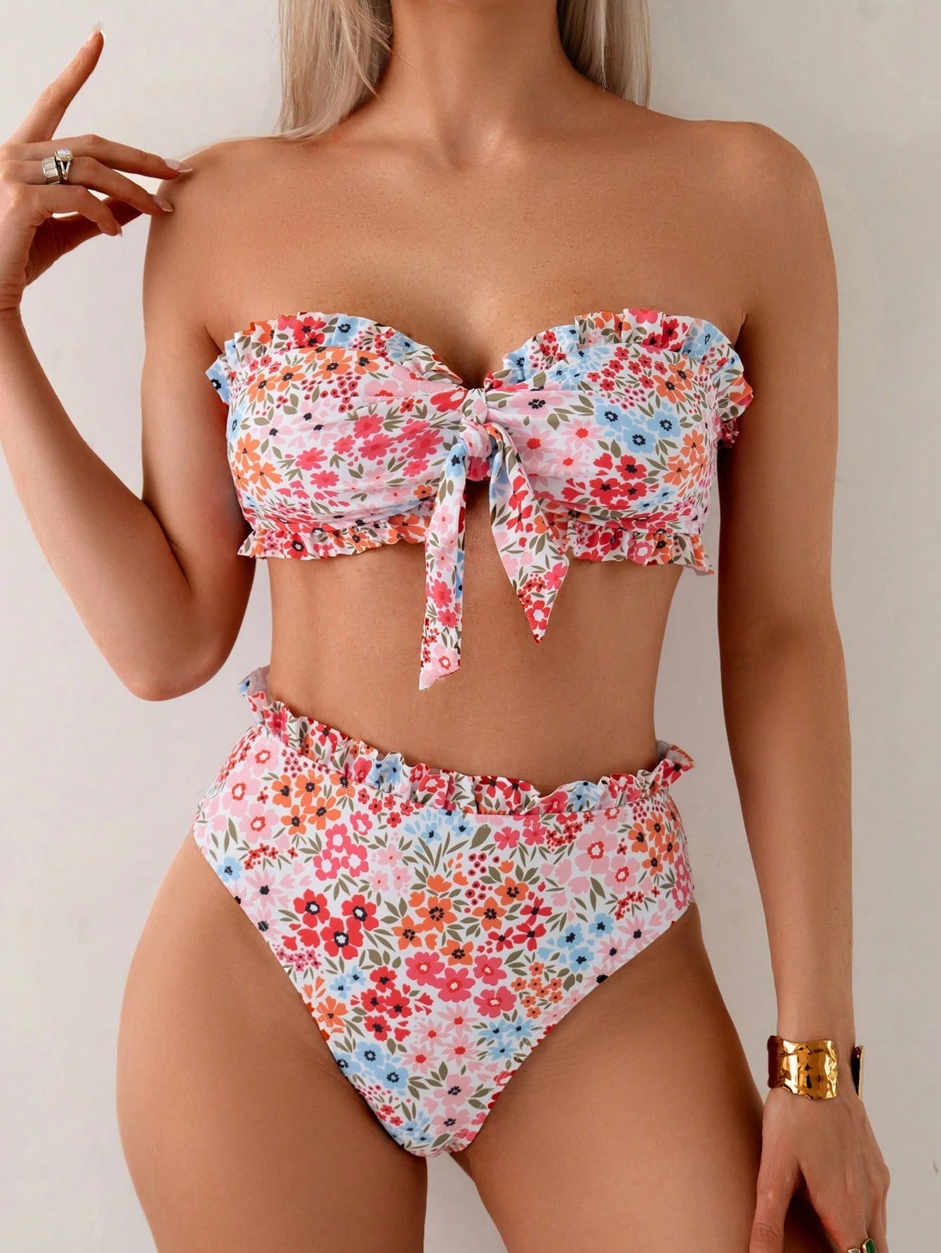 Trendy Floral Print Two Piece Swimsuit Women's Sexy Ruffled Bikini Set