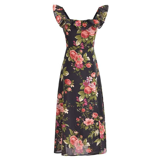 Slim and sexy side split waist mid-length dress, French retro square collar Print Chiffon Dress
