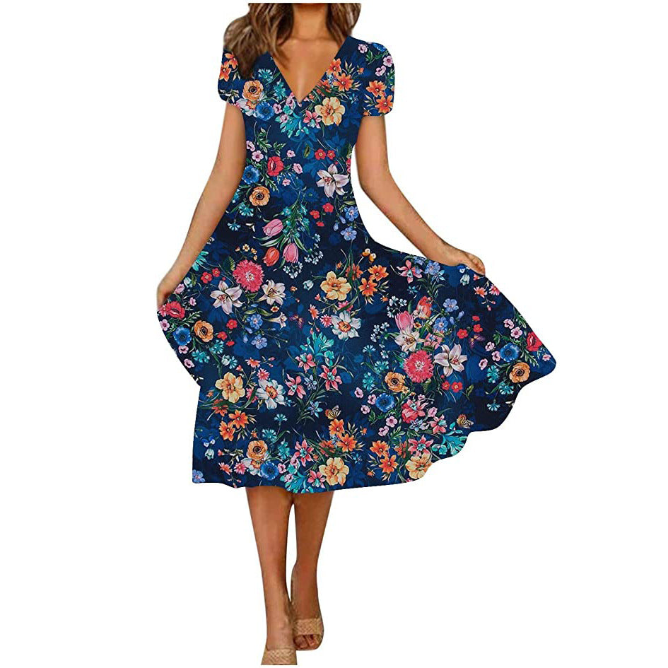 V Neck Bohemian Print Short Sleeve Dress - Flowy Casual Summer Dress with Elastic Waist