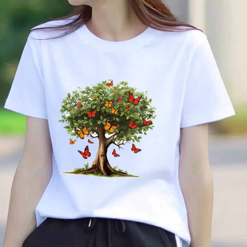 Women's Butterfly Floral Print Short Sleeve T-Shirt