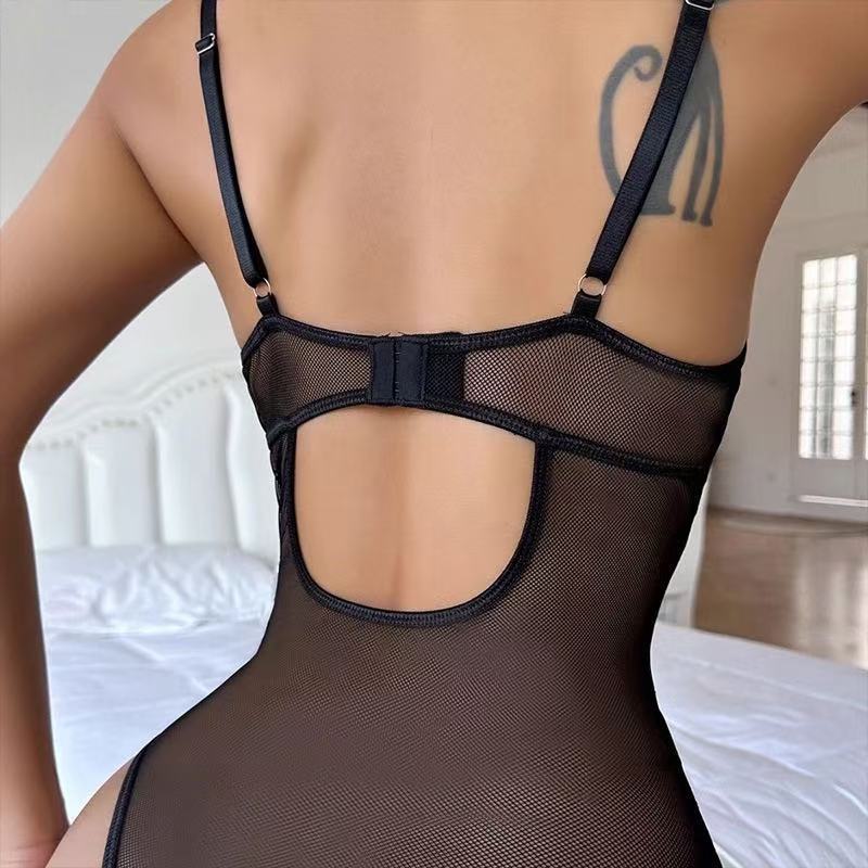 Wholesale Sexy Women's Leopard Print Sheer Lingerie Spaghetti Strap Bodysuit