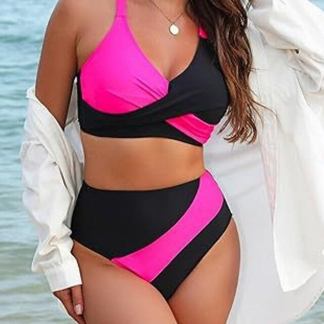 Bikini Color Block High Waist Tie Side Sexy Two Piece Swimsuit