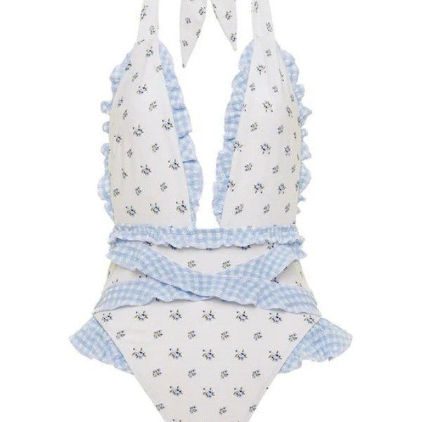 Women's Ruffled Lace Bow Floral Tie One-Piece Swimsuit Set