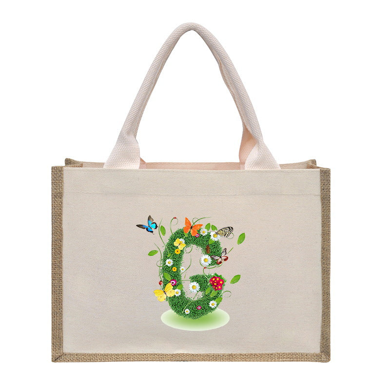 Cotton and linen canvas tote bag, printed letter tote bag, portable light handbag, gift shopping bag
