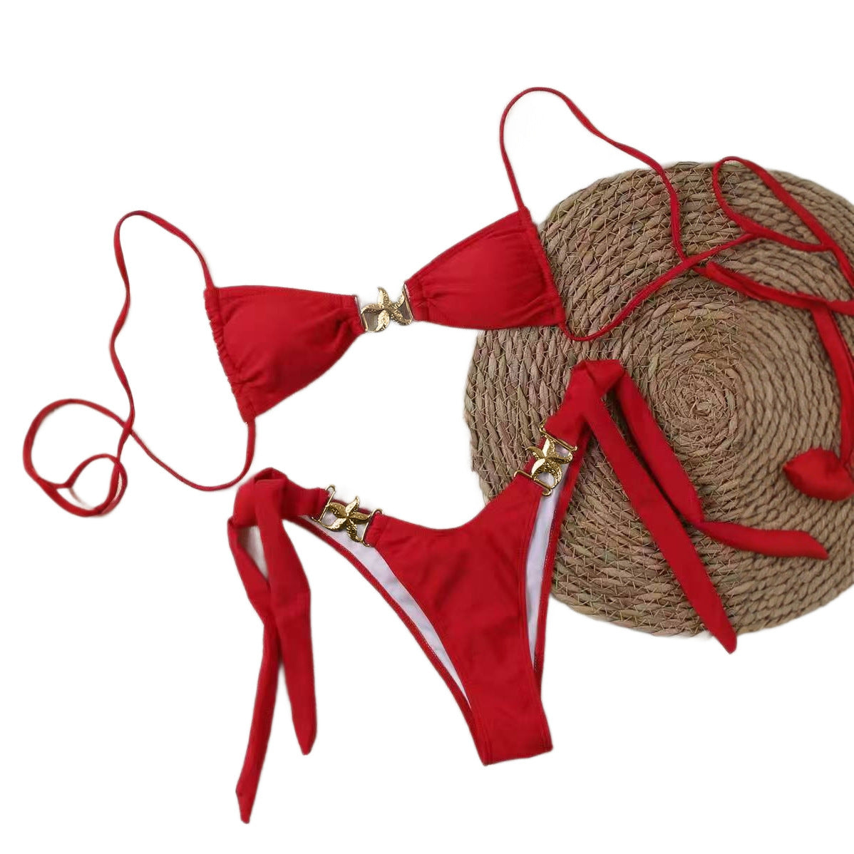 Popular Solid Color Bikini Two-Piece Swimsuit with Tie Back Sexy Design and Accessories High-End