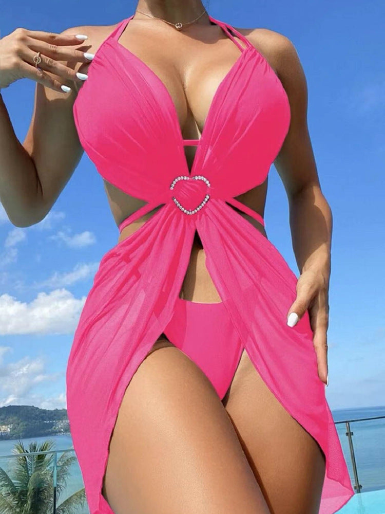 Solid Color Hollow Out Halter Bikini Three Pieces Swimsuit Women's Bikini Swimwear