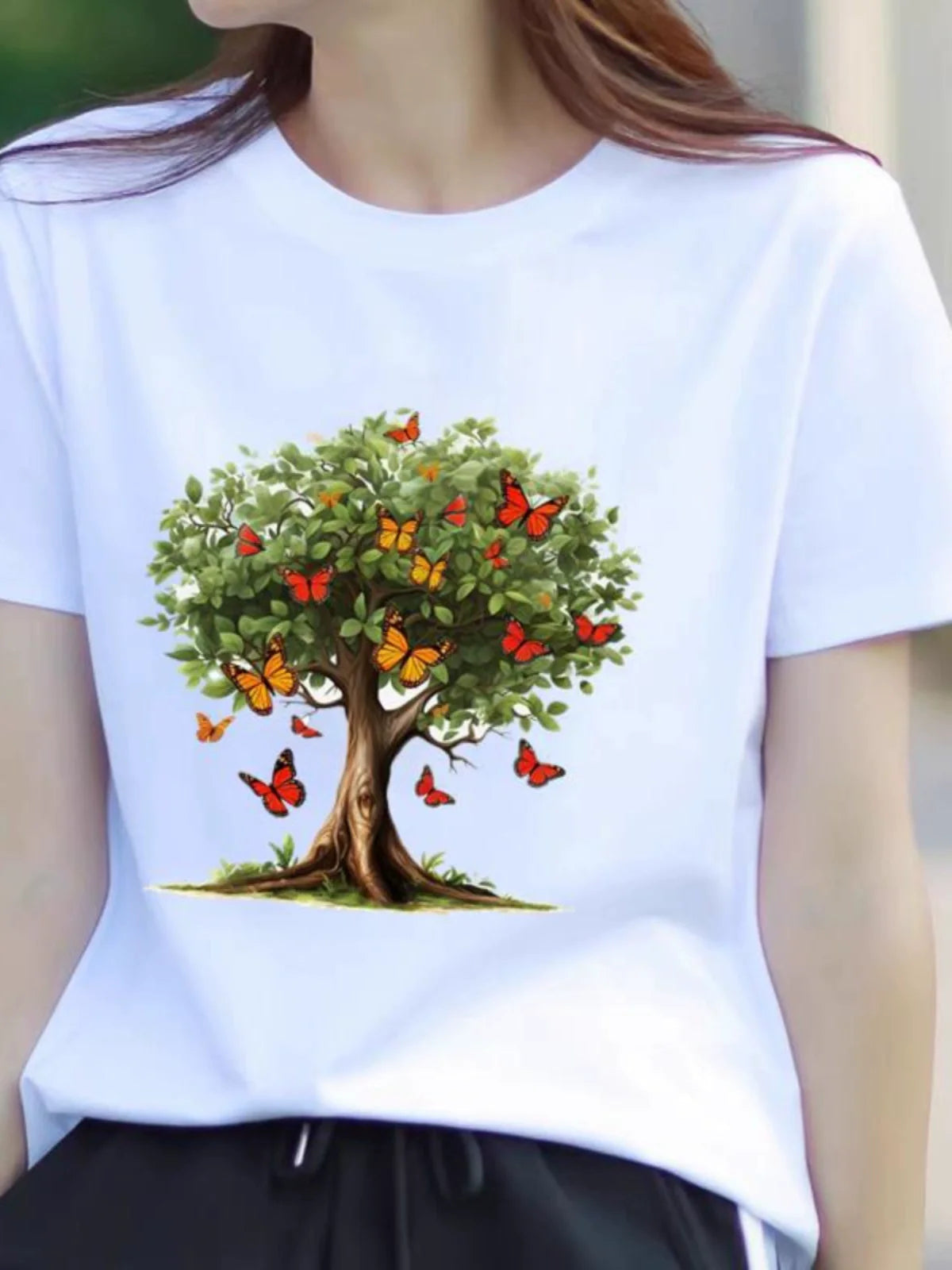 Women's Butterfly Floral Print Short Sleeve T-Shirt