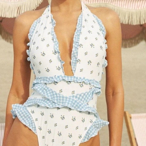 Women's Ruffled Lace Bow Floral Tie One-Piece Swimsuit Set